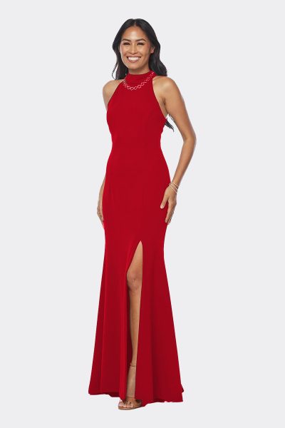 halter-neck long dress with a high slit, perfect for special occasions or formal events.