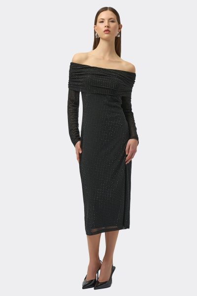Joseph Ribkoff Rhinestone Mesh Off-Shoulder Midi Dress 254913