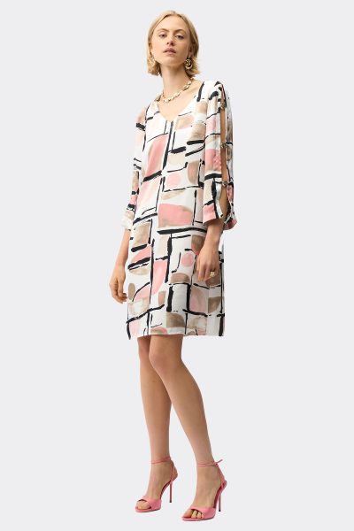 Recycled Satin Abstract Print Trapeze Dress With Gold Detail Vanilla Pink 261258 CC36836 front2