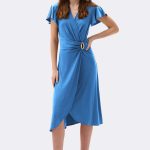 Silky Knit Wrap Dress With Ruffled Sleeves Blue 262140 CC36892 front