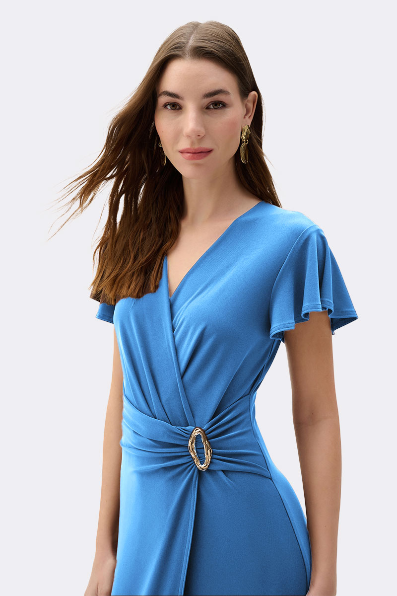 Silky Knit Wrap Dress With Ruffled Sleeves Blue 262140 CC36892 front2
