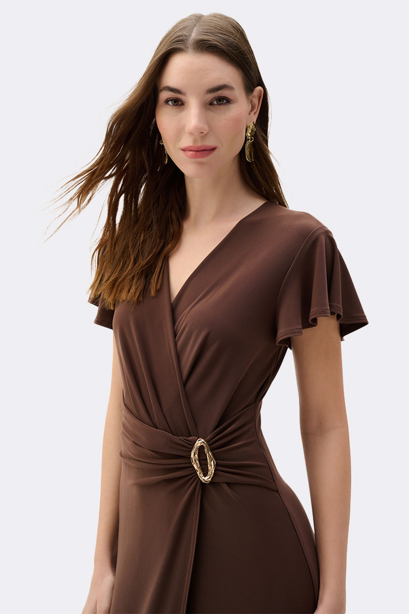 Silky Knit Wrap Dress With Ruffled Sleeves Mahogany 262140 CC36892 detail