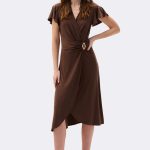 Silky Knit Wrap Dress With Ruffled Sleeves Mahogany 262140 CC36892 front