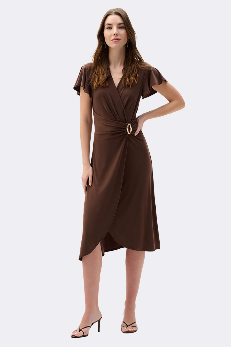 Silky Knit Wrap Dress With Ruffled Sleeves Mahogany 262140 CC36892 front