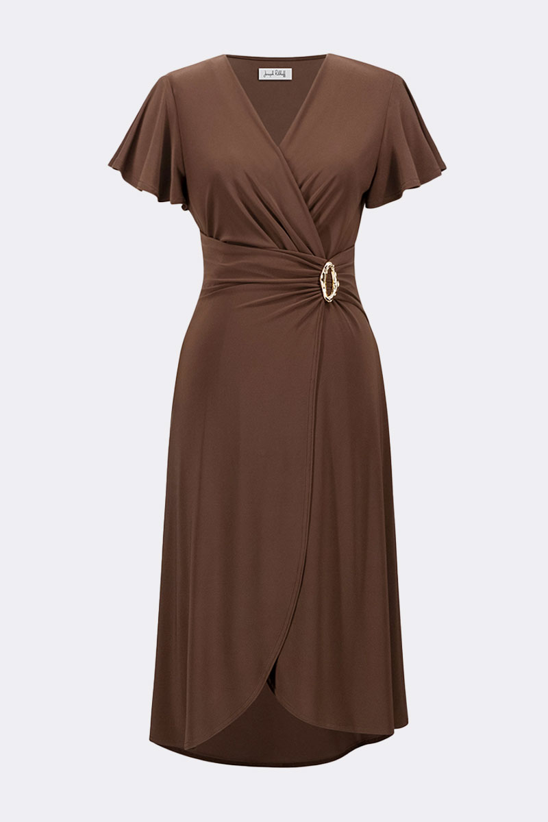 Silky Knit Wrap Dress With Ruffled Sleeves Mahogany 262140 CC36892 main