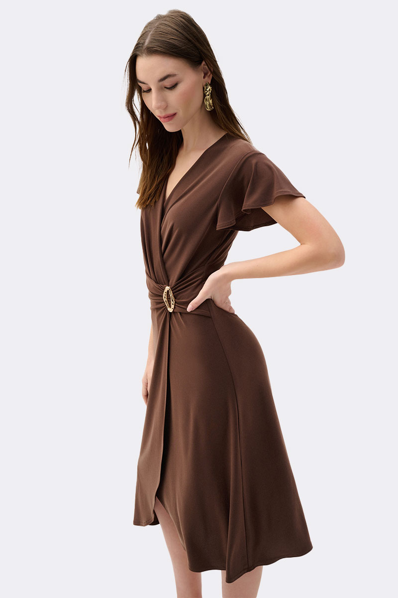 Silky Knit Wrap Dress With Ruffled Sleeves Mahogany 262140 CC36892 side