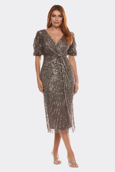 Puff Sleeve Sequin Wrap Dress Pewter Z0416 CC35104