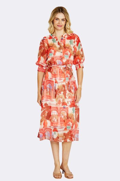 1 2 Sleeve Button Midi Dress Coral P615546 CC37526 front