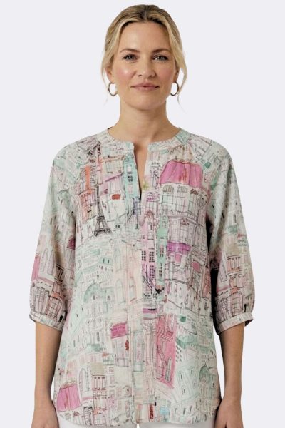 3 4 Puff Sleeve Notch Neck Top Pink Green S2626589 CC37162 model