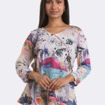 3 4 Sleeve V Neck Knit Top Blue Pink 46707 CC37099