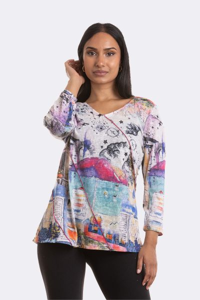 3 4 Sleeve V Neck Knit Top Blue Pink 46707 CC37099 2