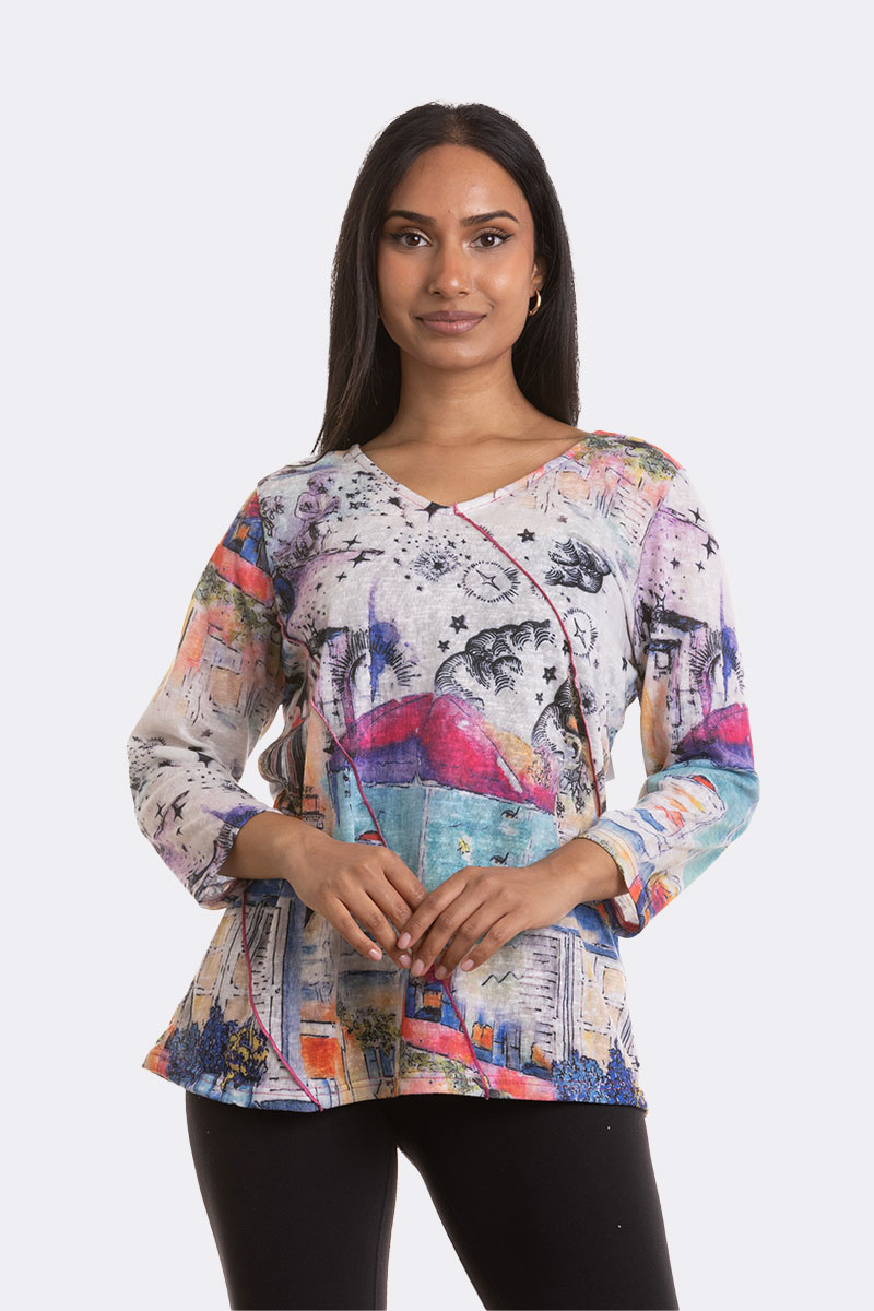 3 4 Sleeve V Neck Knit Top Blue Pink 46707 CC37099