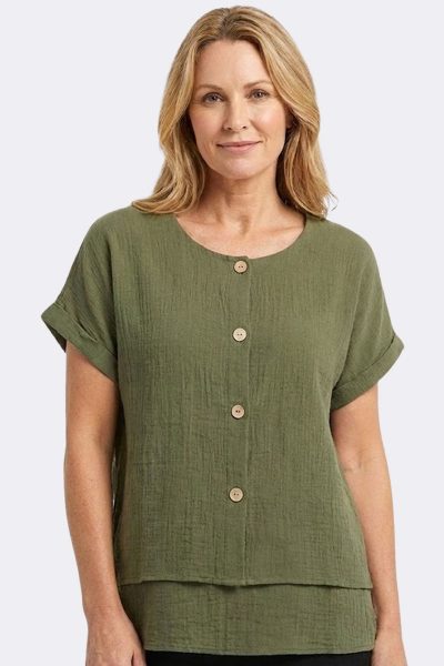 Cuffed Cap Sleeve 3 Button Top Sage S2666571 CC37172 model