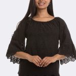 Elbow Sleeve Broderie Top Black M 1916 CC37103