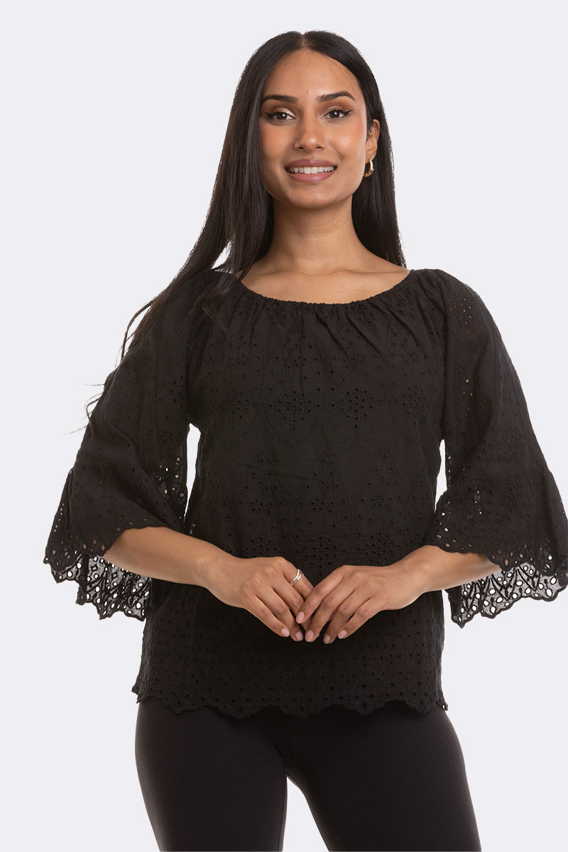 Elbow Sleeve Broderie Top Black M 1916 CC37103