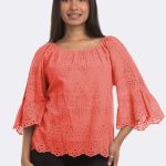 Elbow Sleeve Broderie Top Coral M 1916 CC37103