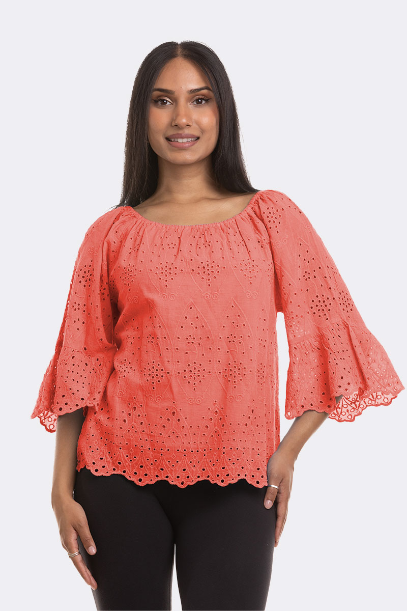 Elbow Sleeve Broderie Top Coral M 1916 CC37103