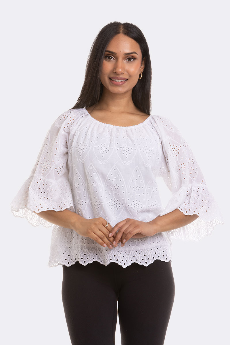 Elbow Sleeve Broderie Top White M 1916 CC37103