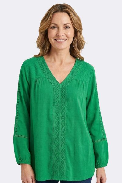 Embroid V Neck Long Sleeve Top Emerald S2666448 CC37170 model