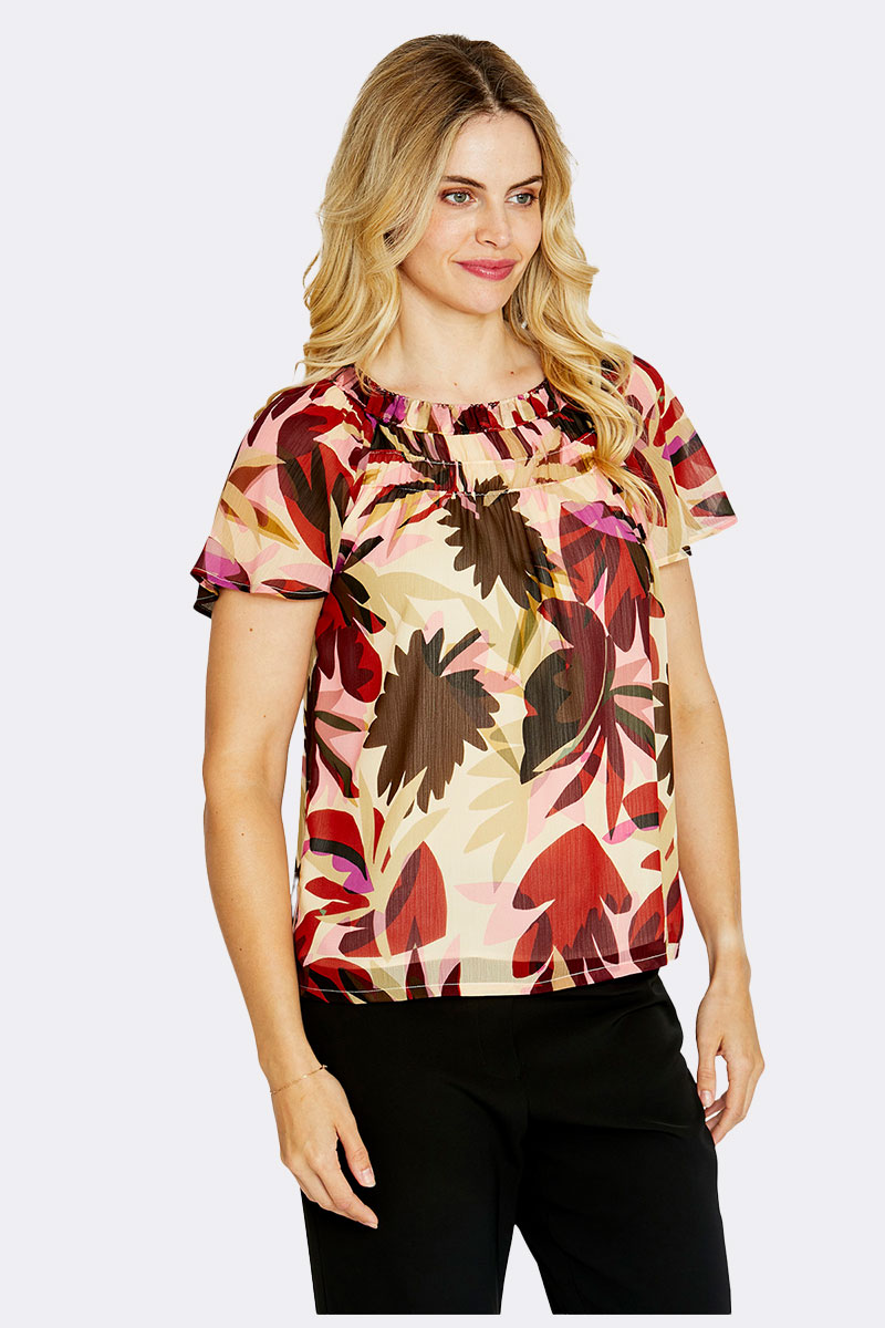 Flutter Sleeve Print Top Pink Beige P615336 CC37518 angle