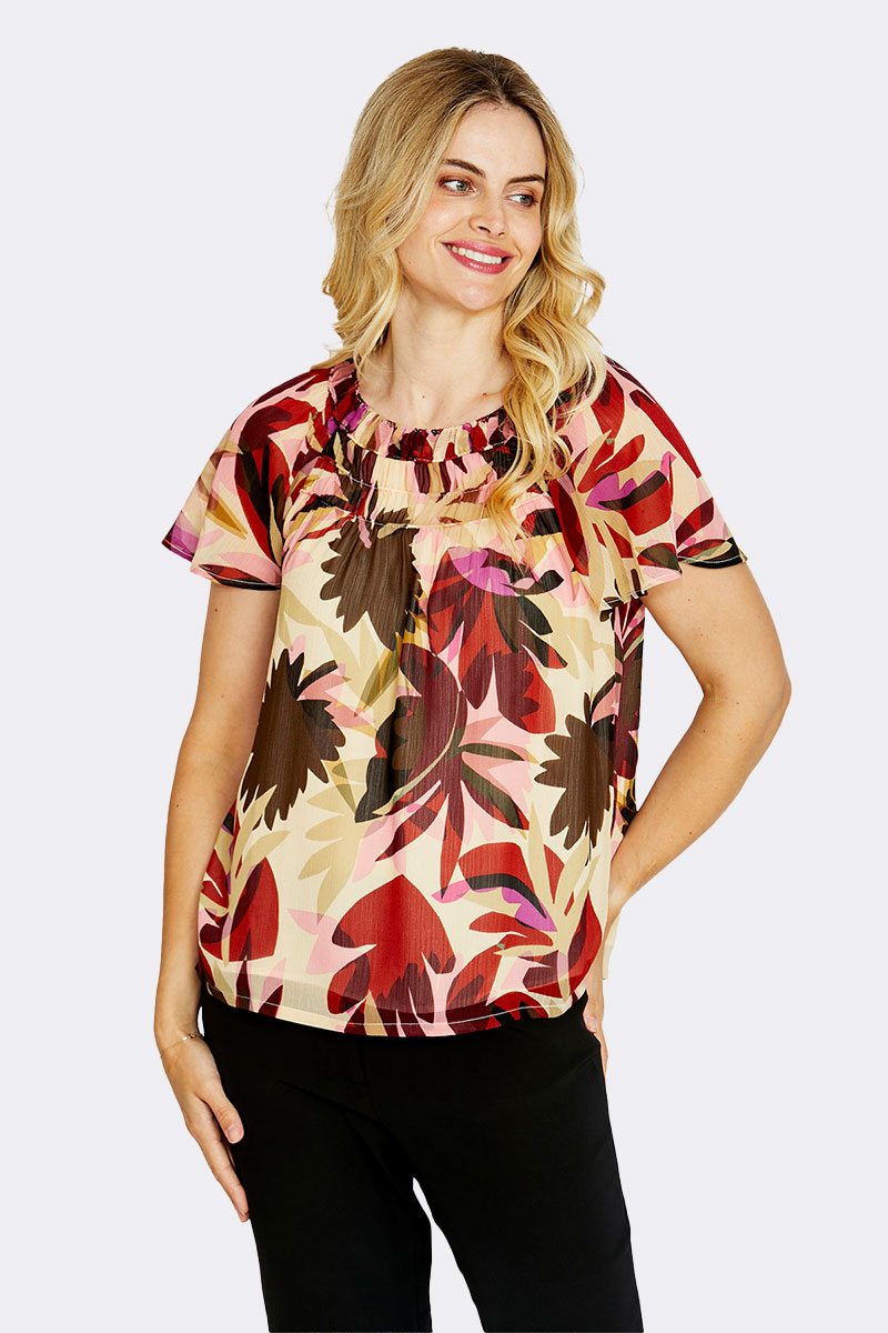 Flutter Sleeve Print Top Pink Beige P615336 CC37518 front