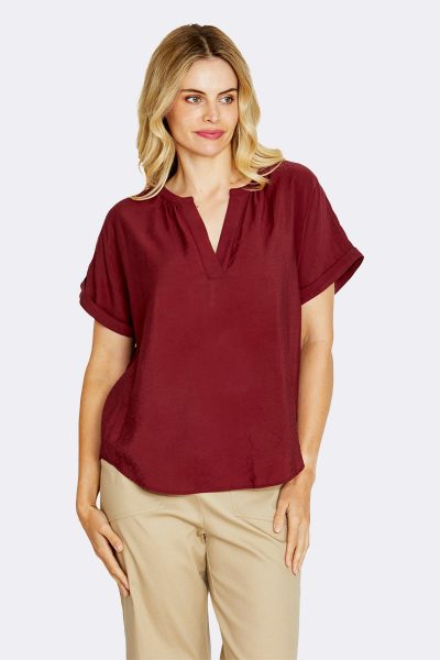 Notch Neck Short Sleeve Top Berry P615311 CC37515 front