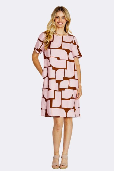 Short Sleeve Shift Print Dress Pink Brown P615515 CC37521 front