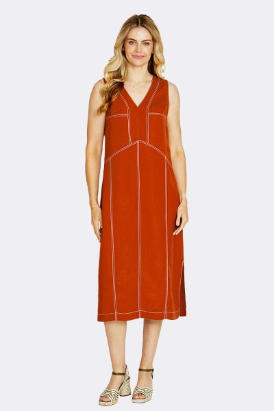 Sleeveless V Neck Panel Dress Rust P615514 CC37520 front