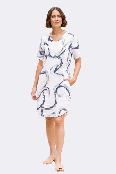 Soft V Neck Linen Dress White Navy SA182 CC37049