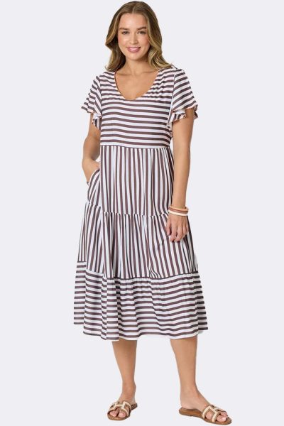Stripe Layer Midi Dress Brown White 49543 CC37301 front