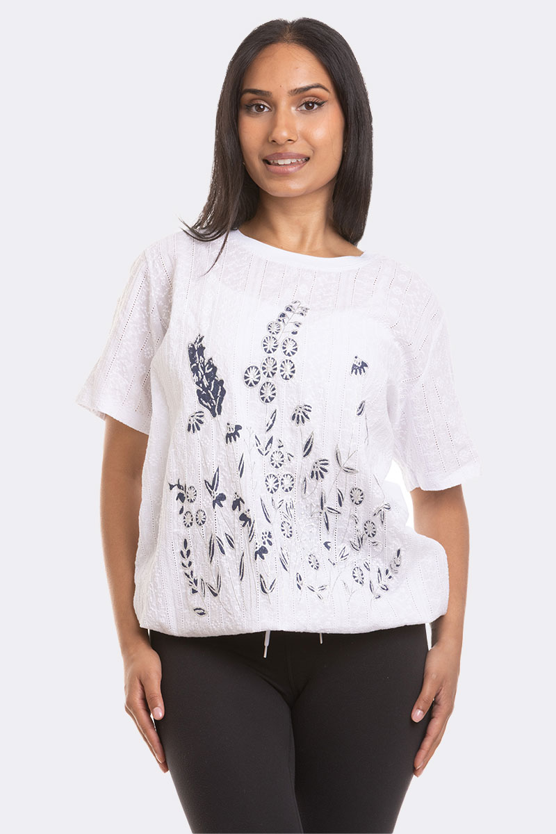 Tie Waist Short Sleeve Print Top White Blue 95282 CC37102 2