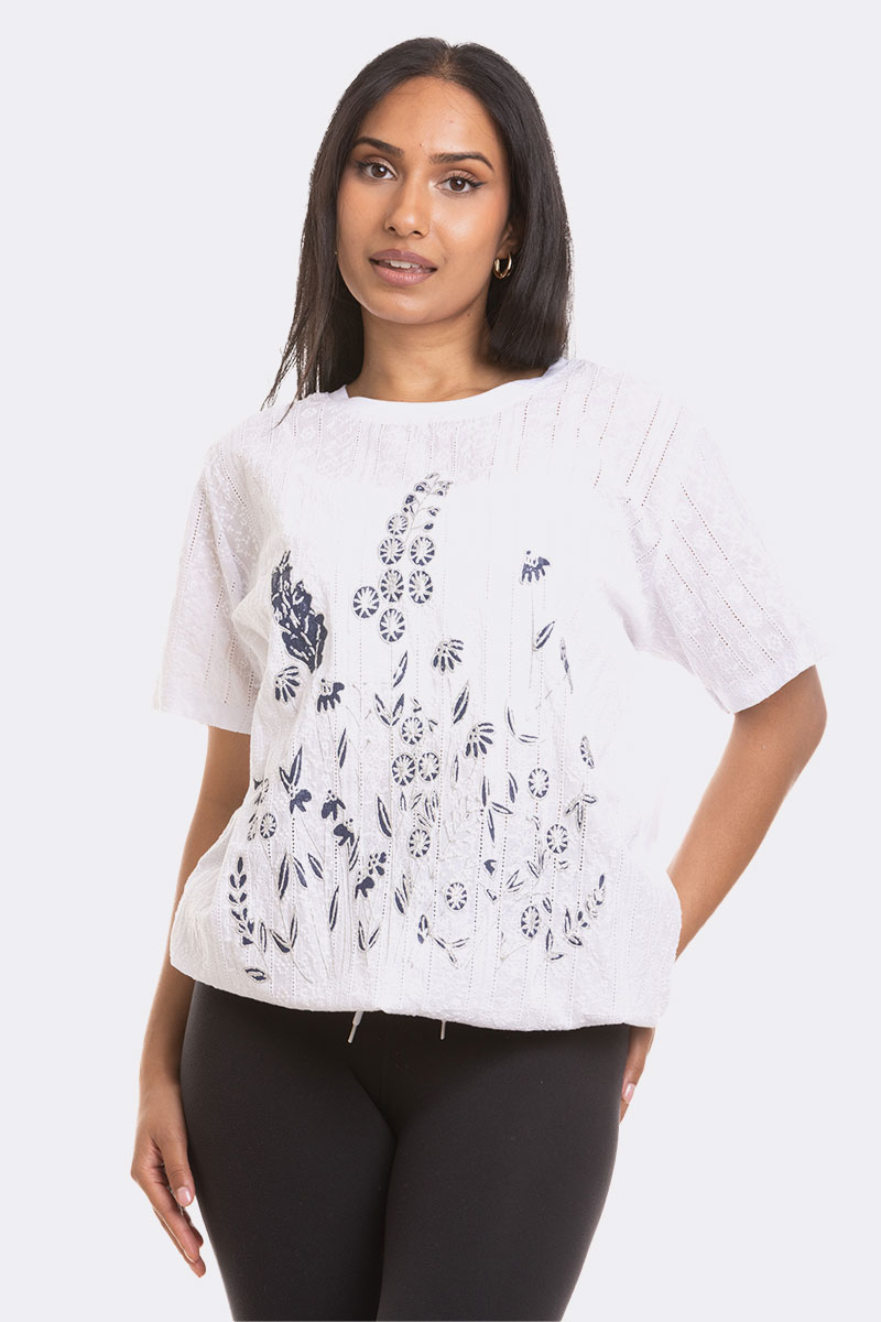 Tie Waist Short Sleeve Print Top White Blue 95282 CC37102