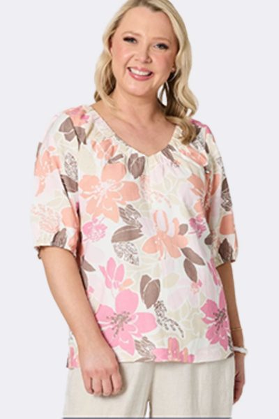 V Neck Elastic Cuff Top Pink 50323 CC37275 front