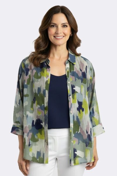 3 4 Sleeve Print Shirt Blue Green 6363 CC37506 front