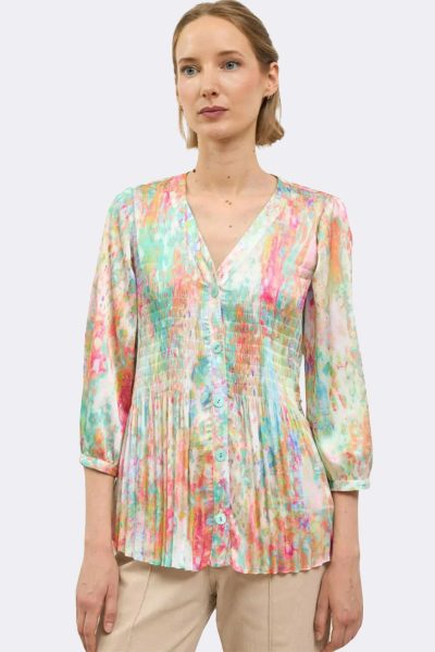 3 4 Sleeve V Neck Pleat Shirt Aqua Cidro CC37117 front2