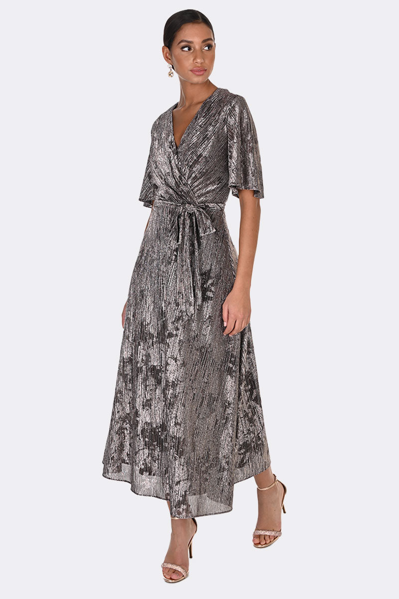 Frill Sleeve Wrap Dress with Belt Brown 269286 CC37432 front