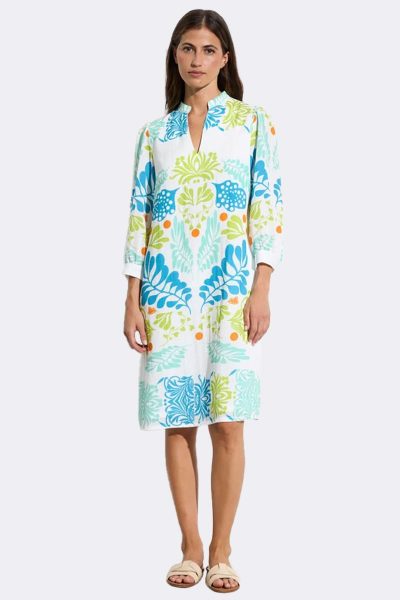 Notch High Neck Long Sleeve Dress Turquoise Cedro CC37115 front