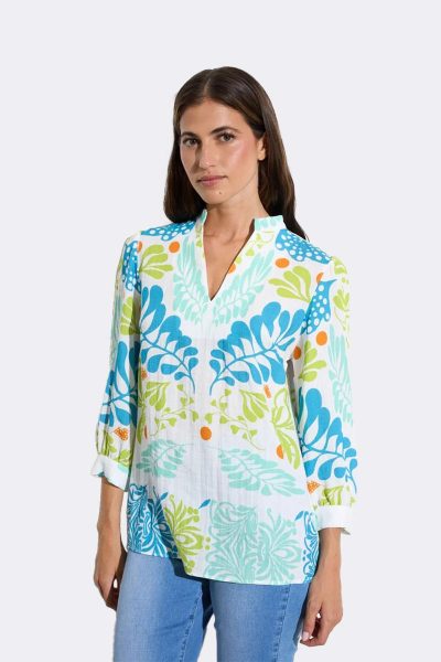 Notch Neck Long Sleeve Top Turquoise Neila CC37121 front 2