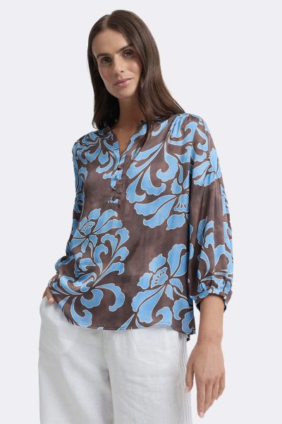 Puff Sleeve 1 2 Button Top Blue Brown Ytwn4390 CC37339 front