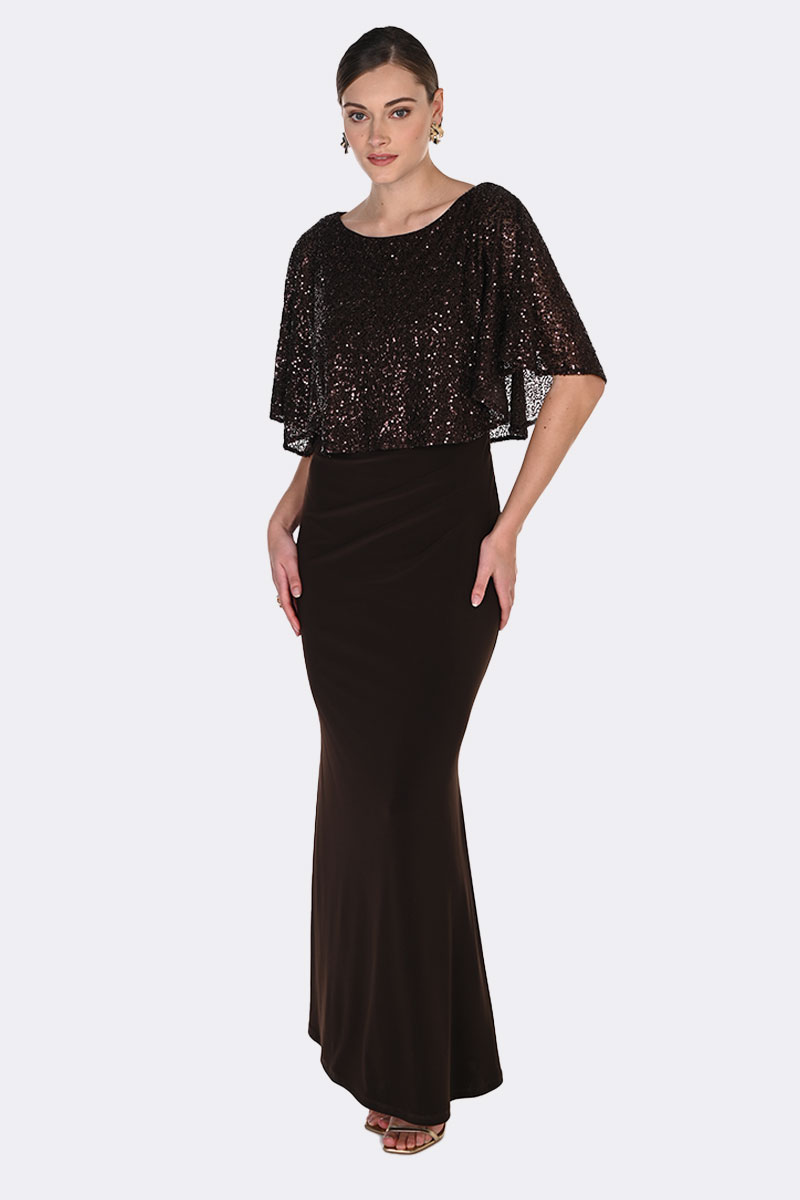 Sequin Overlay Long Dress Mocha 269220 CC37423 front