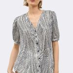 Short Puff Sleeve V Neck Shirt Black White Bachata CC37114 front 2
