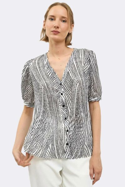 Short Puff Sleeve V Neck Shirt Black White Bachata CC37114 front 2