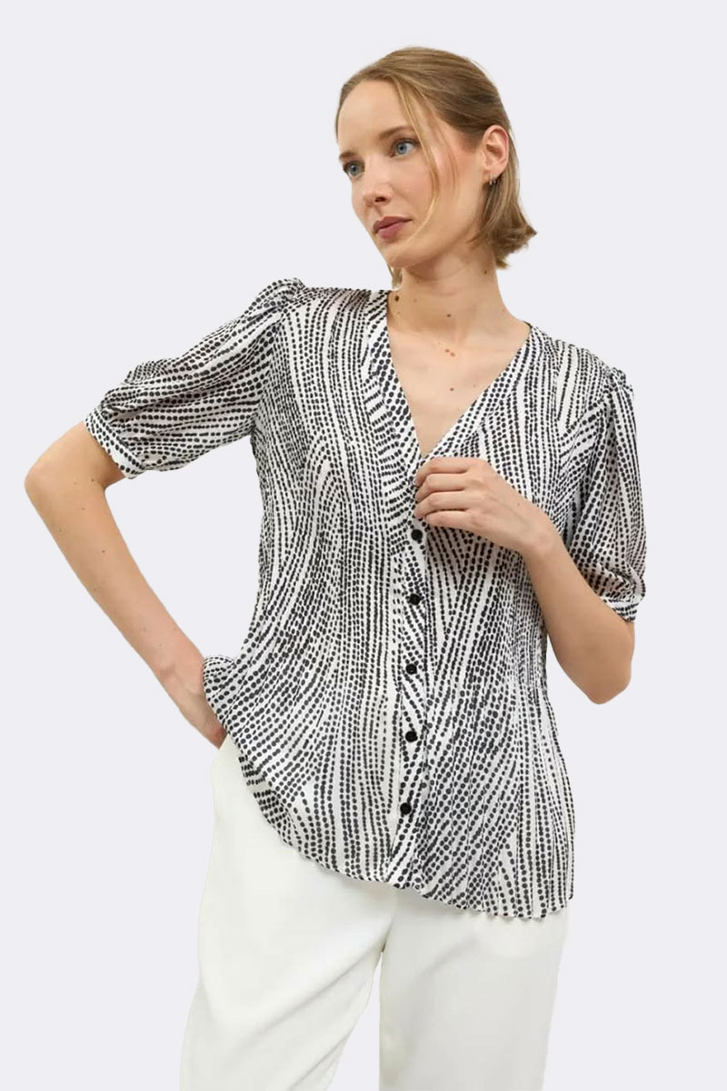 Short Puff Sleeve V Neck Shirt Black White Bachata CC37114 front