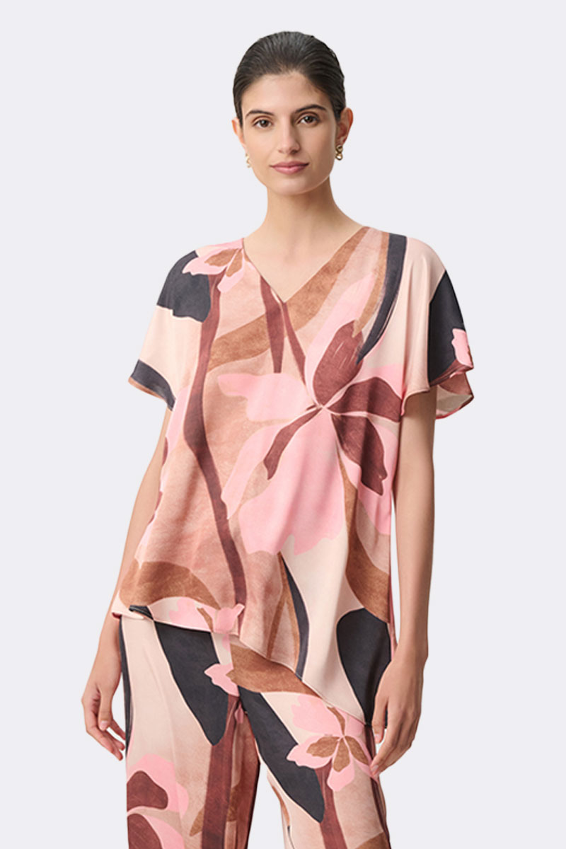 Short Sleeve V Neck Asymmetrical Top Beige Pink 271098 CC37699 front 2