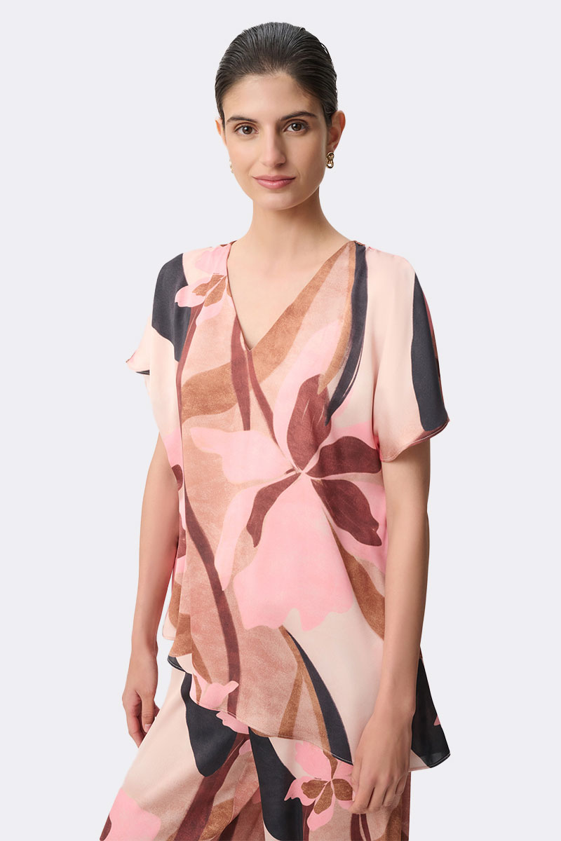 Short Sleeve V Neck Asymmetrical Top Beige Pink 271098 CC37699 front
