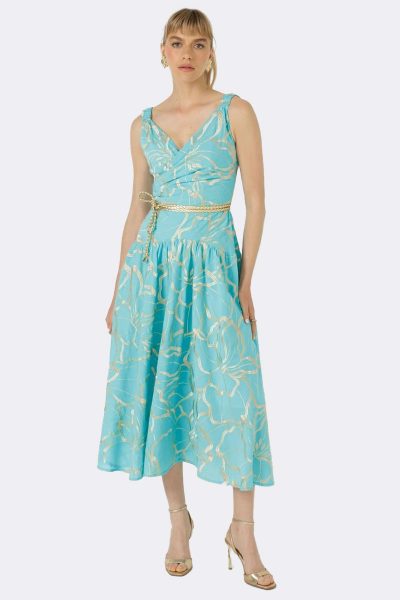 Strap Fit Flare Midi Dress Aqua Gold D05 2S26 CC37509 front