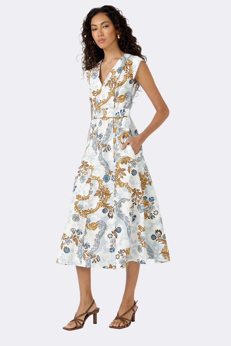 V Neck Cap Sleeve Tie Dress Ivory Blue D22 2S26 CC37510 angle