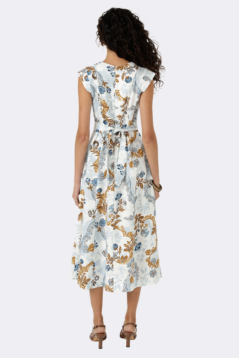 V Neck Cap Sleeve Tie Dress Ivory Blue D22 2S26 CC37510 back