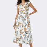 V Neck Cap Sleeve Tie Dress Ivory Blue D22 2S26 CC37510 front 1
