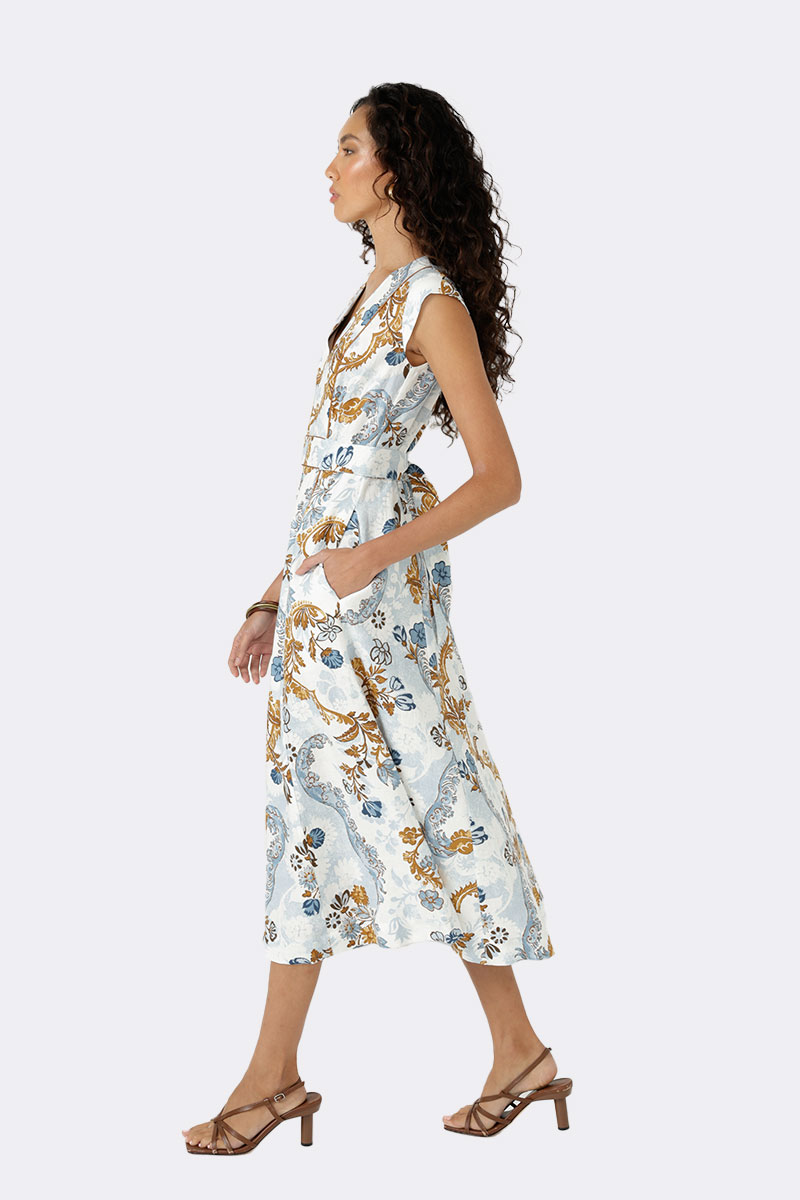 V Neck Cap Sleeve Tie Dress Ivory Blue D22 2S26 CC37510 side